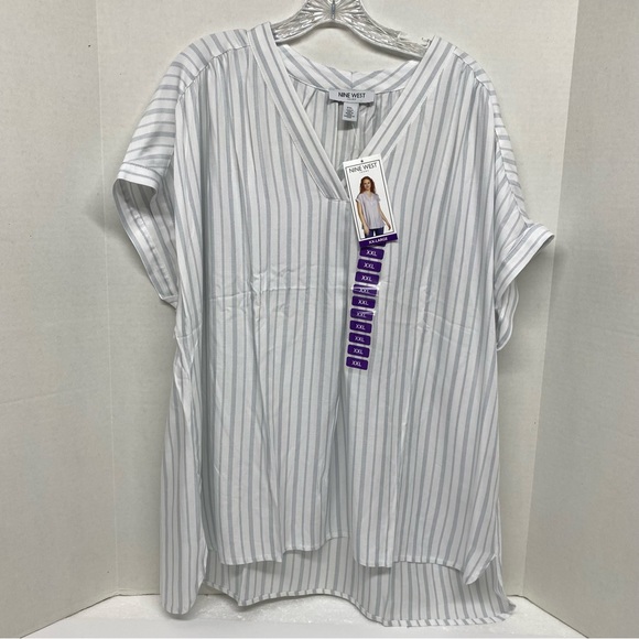 Nine West Jeans Women's XXL Woven V Neck Popover Top Stripe Blue & White Relaxed - Picture 5 of 13
